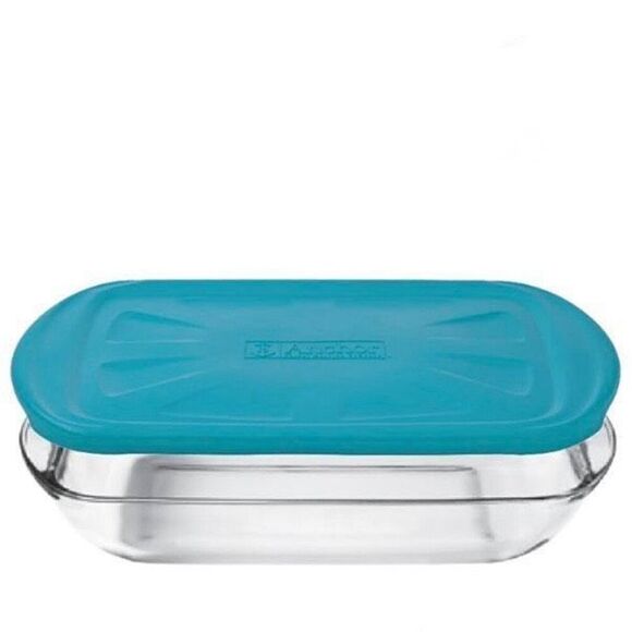 NWT Anchor Hocking 3Qt Essentials Bakentake Tote, medium Teal Blue & Clear - Picture 3 of 14